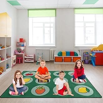 Kids Rug, Classroom Carpets Playmat Rugs - 5x7 Ft Kids Carpet with Rubber Backing, Various Fruits Learning Seating Rug Play Mat Nursery Rugs for Children Bedroom Playroom Elementary 12 Seats Green