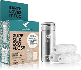 TreeBird Pure Silk Eco Floss Kit - Refillable Floss Dispenser (Stainless Steel) + 3×33 yd Silk Refills | Waxed with Candelilla Wax | Mint
