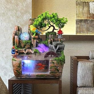 Fountain Waterfall Desktop with Light Indoor Fountain Zen Meditation Plants Stones LED Lamp Rockery Pump with Light Relaxation Resin Planter for Office Decoration (Fish and Bird)