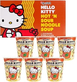Hello Kitty Instant Ramen Noodle Cup | 6 Pack | Hot and Sour Flavor | Premium Microwaveable Ramen Soup Mix, Asian Snacks
