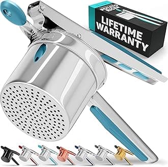 PriorityChef Large 15oz Potato Ricer, Heavy Duty Stainless Steel Potato Masher and Ricer Kitchen Tool, Press and Mash Kitchen Gadget For Perfect Mashed Potatoes - Everytime, Silver and Turquoise