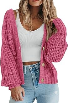 Women's Chunky Knit Open Front Sweater Long Sleeve Button Loose Short Cardigan Outerwear Coats