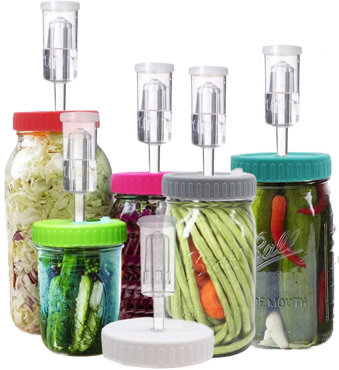Fermentation Lids, Fermentation Kit for Wide Mouth Jars, 6 Set Plastic Fermenting Lids with 6 Airlocks, 6 Silicone Grommets, 6 Silicone Rings(Jars Not Included)