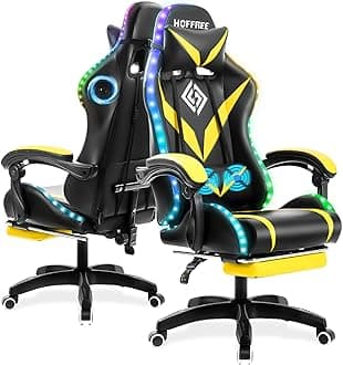 HOFFREE Gaming Chair Massage with Bluetooth Speakers and Led Lights Ergonomic Computer Gaming Chair with Footrest RGB Video Game Chair with High Back Lumbar Support Yellow and Black