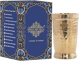 INDIAN ART VILLA Pure Brass Glass Tumbler with Hammered Beeded Design, for Drinking Serving Water, Yoga & Ayurveda, Volume-270 ML, 1 Piece