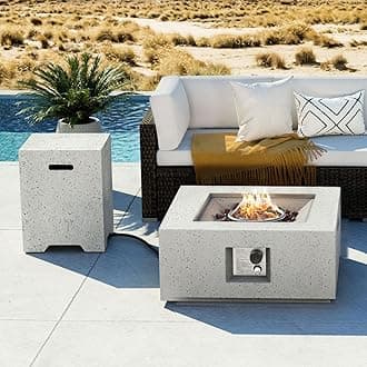 COSIEST 2-Piece Outdoor Propane Fire Pit Table Set w Tank Table, 28" Terrazzo Square Fire Table (Certified, 40,000 BTU) w 16" Tank Cover Side Table, Waterproof Cover for Garden, Pool, Backyard