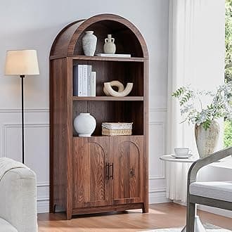 Rattan Arched Cabinet Bookshelf - 69.3” Tall Mid Century Display Cabinet, Rounded Bookcase with Rattan Doors, Open Shelf Storage for Dining Room (Walnut, 1 PC)
