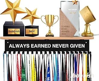 Premium Trophy and Medal Display Shelf 16inchL,Metal Trophy Shelf with Hooks Upgraded,Large Bamboo Trophy Board Display,Sturdy Trophy Shelf with Hooks for Medals Metal Wall Mount Medals