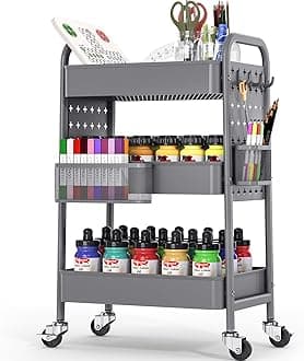TOOLF Metal Rolling Storage Cart, 3-Tier Utility Mobile Cart with DIY Pegboards, Serving Trolley Cart with Baskets Hooks, for Kitchen, Bathroom, Office, Home, Classroom (Dark Grey)