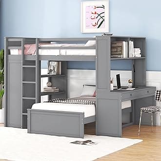 Harper & Bright Designs Full Over Twin Bunk Bed with Desk, Storage, Solid Wood Bunk Bed with Shelves and Wardrobe, Twin Size Loft Bed with a Stand-Alone Bed for Kids Teens Adults - Gray