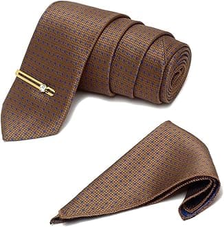 Mens Woven Premium Silk Necktie With Pocket Square and Golden Tie Pin (TEGP)