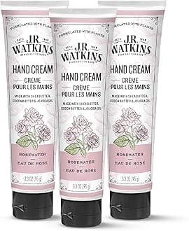 J.R. Watkins Natural Moisturizing Hand Cream, Hydrating Hand Moisturizer with Shea Butter, Cocoa Butter, and Avocado Oil, Cruelty Free, 3.3oz, Rosewater, 3 Pack
