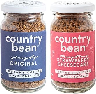 Country Bean Instant Coffee Powder Combo With Original (Non-Flavoured) And Strawberry Cheesecake Flavoured Coffees In Glass Bottle, Pack Of 2, 50 gram X 2 | Makes 50 Cups