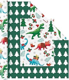 WERNNSAI Dinosaur Christmas Wrapping Paper Jumbo Roll - 1 Roll 17” x 33 ft Dino Kids Christmas Wrapping Paper Funny Christmas Wrap Decoration Reversible Xmas Tree Party Gift, Green