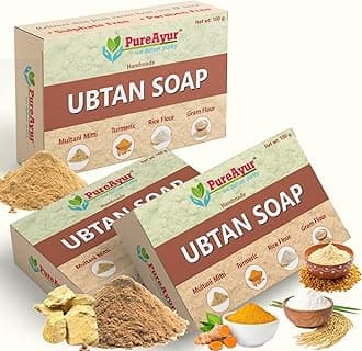 PureAyur Ayurvedic Lotion Ubtan Soap Face Bar (Pack of 3) made with Multani mitti, Turmeric, Rice flour and Gram flour. Natural & organic ingredient