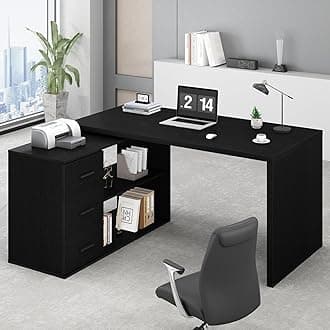 HSH Black L Shaped Computer Desk with Drawers, L Shaped Home Office Desk with Storage Cabinet Shelves, Reversible Corner Wood Writing Desk for Executive Work Study,Large Bedroom Computer Table,140cm