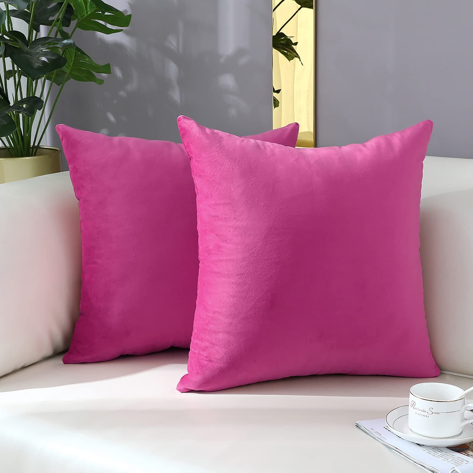 Comfy Hot Pink Throw Pillow Covers Decorative Square Solid Thick Velvet Super Soft Cushion Cases Home Decor for Sofa Couch Living Room Chair, Set of 2, 18 x 18 Inch
