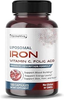 Liposomal Iron with Vitamin C, Folic Acid, B12, B6, B1 – Support Energy & Red Blood Cell Formation – Gentle Formula – 180 Capsules – Non-GMO, Gluten-Free