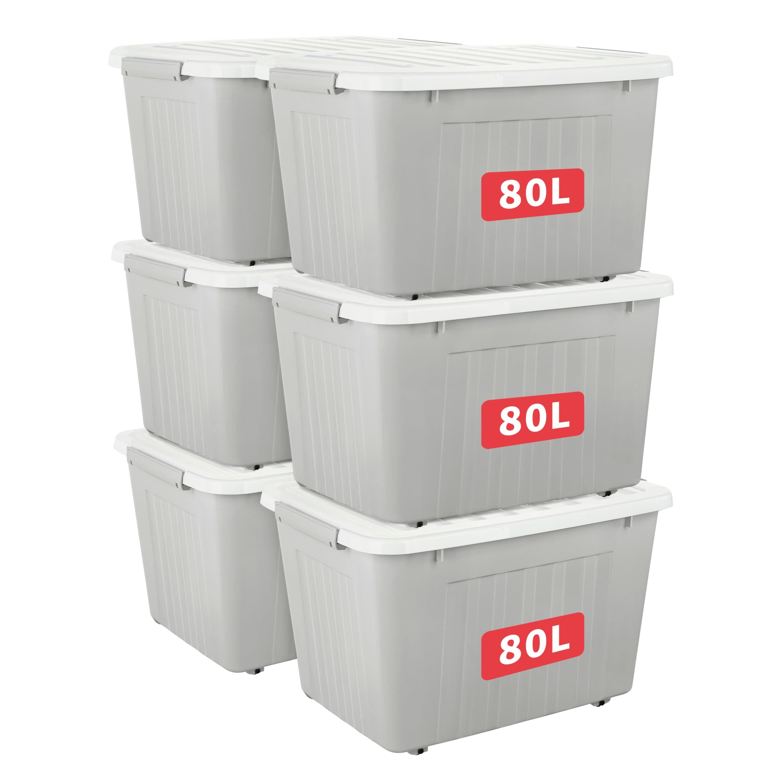 Cetomo 80L*6 Storage Boxes with Lids, Plastic Storage Box with Wheels and Secure Side Latches, Stackable & Nestable Organizer for Home, Office, Moving, PP, Gray, 80L-6 Pack