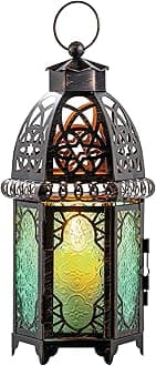 DECORKEY Moroccan Decorations for Home, 12.8’’ Vintage Metal Tabletop Candle Lantern, Spring Style Decorative Hanging Lantern, Christmas Halloween Candle Holders for Indoor Outdoor Patio Decor (Green)