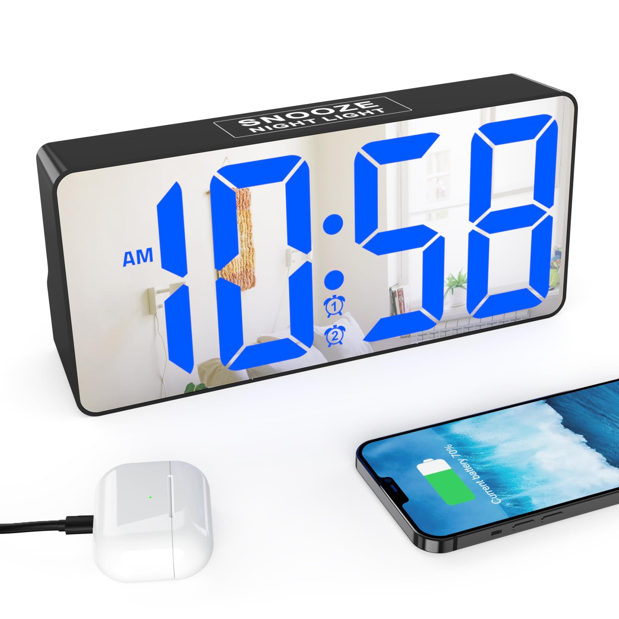 Digital Alarm Clock, 7" Large Mirrored Clocks with Type C&USB Charging Ports,Dual Alarms,Night Light, 7 Volume,Dimmers,12/24H,Snooze&Battery Backup, Compact Loud Clock for Bedroom, Bedside, Desk, Home
