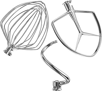 Stainless Steel Stand Mixer Attachments 3-Piece (7QT Flat Beater, 7QT Dough Hook, 7QT 9-Wire Whip Attachment) for KitchenAid Lift Stand Mixer and 7 Quart Bowl, Dishwasher Safe