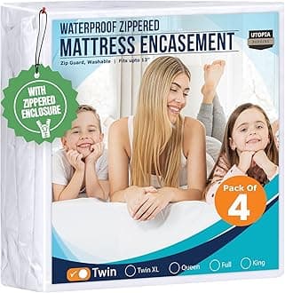 Mattress Protector Zippered Twin Size (Pack of 4), 100% Waterproof Bed Bug and Dust Mite Proof Mattress Encasement, Absorbent 6 Sided Mattress Cover