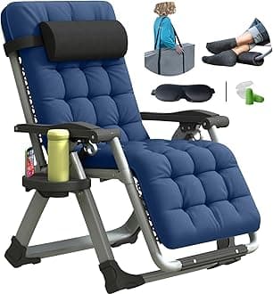 Oversized Zero Gravity Chair, XL Lounge Chair 29” Width, Padded Recliner Chair W/Removable Cushion & Adj Headrest, Storage Bag, Footrest Cushion, Cup Holder, for Indoor Outdoor, Blue