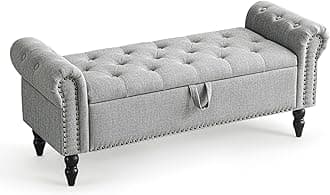 Furniliving 51” Modern Grey Linen Wood Leg Storage Bench, 2 Seater, End of Bed Bench with Button-Tufted Large Upholstered Ottoman, for Bedroom, Entryway, Closet