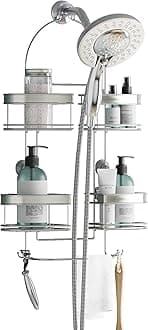 Zenna Home Hanging Shower Caddy, Over the Shower Head Bathroom Storage, Stainless Steel, For Handheld Shower Hoses, Rust Resistant, No Drilling, Expandable Organizer, 4 Baskets, Razor Holders, Hooks