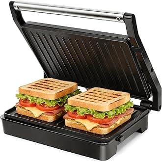 Aigostar Sandwich Toaster Panini Press, 1000W Deep Fill Toastie Maker, Non-Stick-Coated Aluminium Plates, Indicator Light, Stainless Steel, Black-Larissa