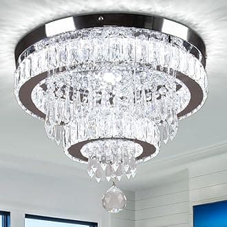 Finktonglan 15.7" Crystal Semi Flush Mount Ceiling Light, 2-Ring LED Crystal Chandelier, Cool White 6500K, Non-Dimmable, Built-in LED for Bedroom Hallway Entryway Dining Room