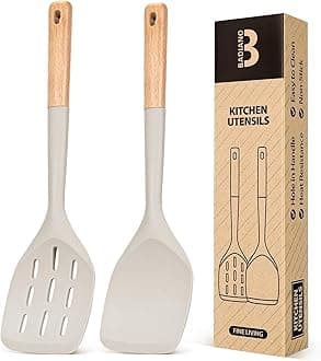 Pack of 2 Silicone Spatula, Non Stick Cooking Utensil Set Wooden Handle Kitchen Turner for Baking Mixing Grilling Serving Food Heat Resistant Non Scratch Hooks Included (Khaki)