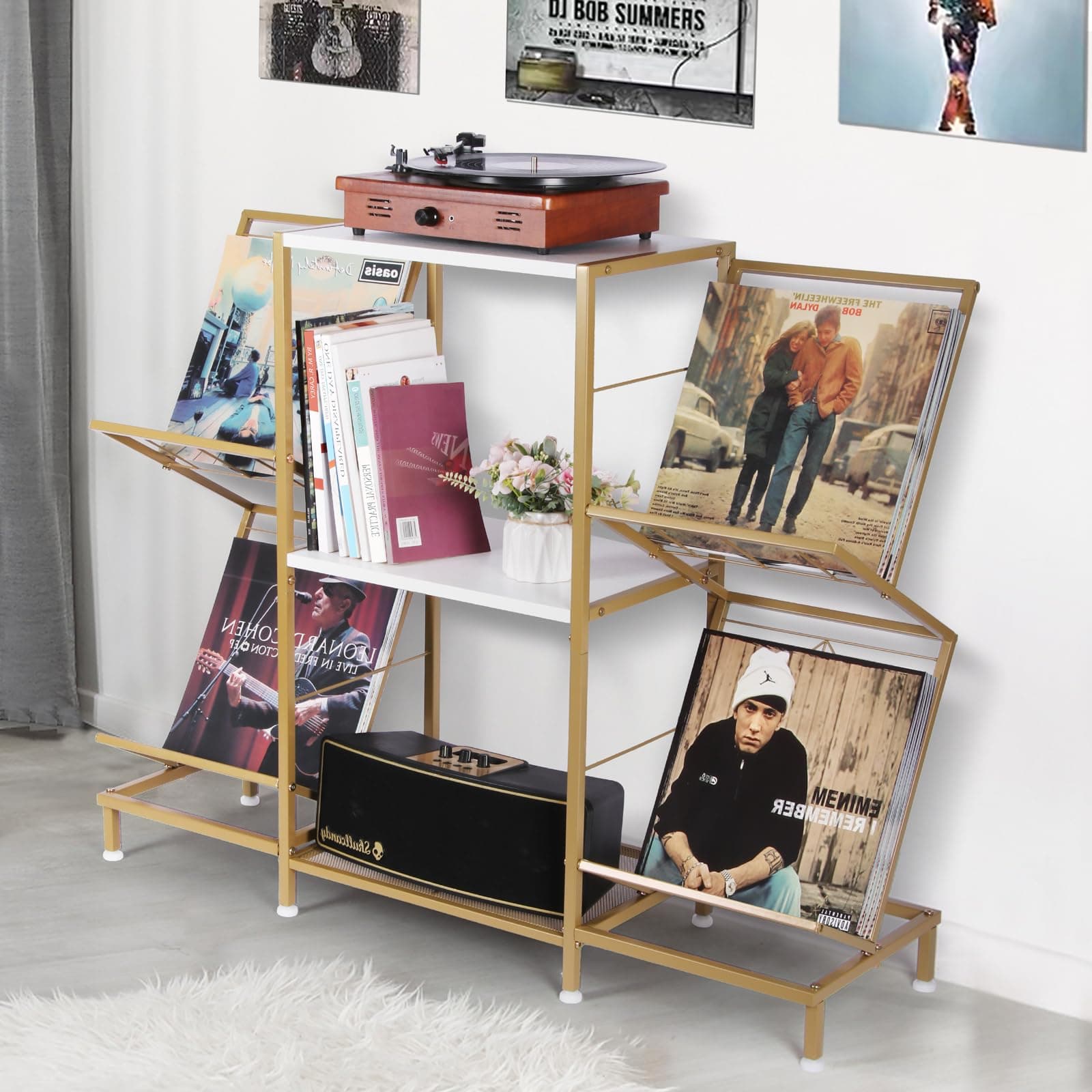 Record Player Stand with Vinyl Record Storage, Turntable Stand with 4-Tier Vinyl Display Shelf & Metal Frame, Record Holder for Living Room, Gold & White