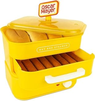 Oscar Mayer Diner-Style Hot Dog Steamer and Bun Warmer, 8 Hot Dog and 4 Bun Capacity, Steam Bratwursts, Sausages, Vegetables, Fish, Dumplings, Yellow
