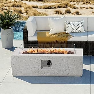 COSIEST Outdoor Propane Fire Pit Coffee Table, 42-inch x 13-inch Terrazzo Rectangle Base Patio Heater w Certified, 50,000 BTU Stainless Steel Burner, Wind Guard, Free Lava Rocks and Rain Cover