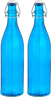 MACHAK Colhexa Glass Bottles With Cork 1litre, Kitchen Decoration (Blue, 2 Pc)