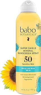 Babo Botanicals Super Shield Mineral Sunscreen Spray SPF 50 - Natural Zinc Oxide & Titanium Dioxide - Extra Sensitive Skin - Water Resistant - Vegan - Fragrance-Free - Air-Powered Spray - For all ages
