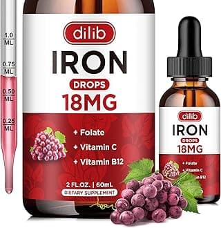Liquid Iron Supplement for Women & Men Iron Drops Iron Supplements for Anemia with Folate, Vitamin C, B12 for Red Blood Cell Support-Grape, 2 Fl Oz