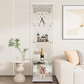 Beauty4U Glass Display Cabinet with Mirror Back Panel, 4 Shelves, Curio Cabinets for Living Room, Bedroom, Office, White Floor Standing Glass Bookshelf, Quick Installation