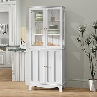 72" Freestanding Kitchen Pantry Storage Sideboard, Classical Tall Cabinet with Glass Door and Adjustable Shelves for Kitchen, Livingroom and Dining Room, White