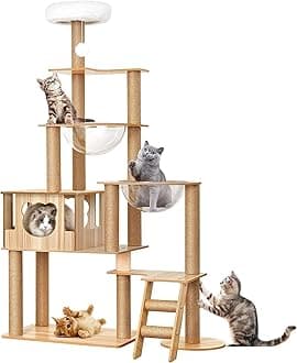 HELEE Modern Cat Tree for Indoor Cats, 65 Inches Multi-Level Wood Tower, 2 Large Capsule Condos, Fully Sisal Scratching