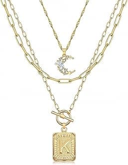 MJartoria Layered Initial Necklaces for Women Trendy, 14K Gold Plated Brass Simple Moon Choker Square Letter Pendant Necklace, Paperclip Chain Necklaces Jewelry Gifts