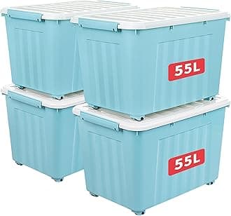 55L*4 Storage Boxes with Wheels, Plastic Storage Bin with Lid, Latching Buckles, Click Closure, Stackable, Nesting, Durable Organizer for Home Office Clothes, Blue, 55L-4 Pack