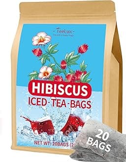TeeLux Hibiscus Iced Tea, Family Sized Hibiscus Tea Bags, Natural Hibiscus Flowers Herbal Tea, Refreshing Tart Flavor, Caffeine Free, 20 Count
