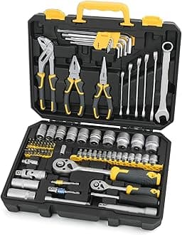 89 Pc Mechanic Tool Set with Motorcycle and Car Tools. Includes Hand Tool Kit, Screwdriver and Socket Set, Allen Key, Ratchet and Adjustable Wrench in a Plastic Storage Tool Box