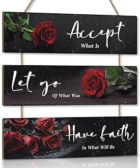 – KAIRNE Red Flower Wall Decor Motivational Words Hanging Sign Rose Flowers Inspirational Quotes Wall Plaque for Office Accept Let Go Have Faith Quotes for Girls Women Living Room Bathroom
