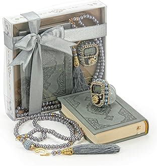 Medina Calligraphy Quran Set with Islamic Finger Counter, Portable Digital Prayer Tasbeeh, Pearl Zikirmatic Beads, 3 Pieces Gift for Ramadan & Eid & Mawlid (Gray)