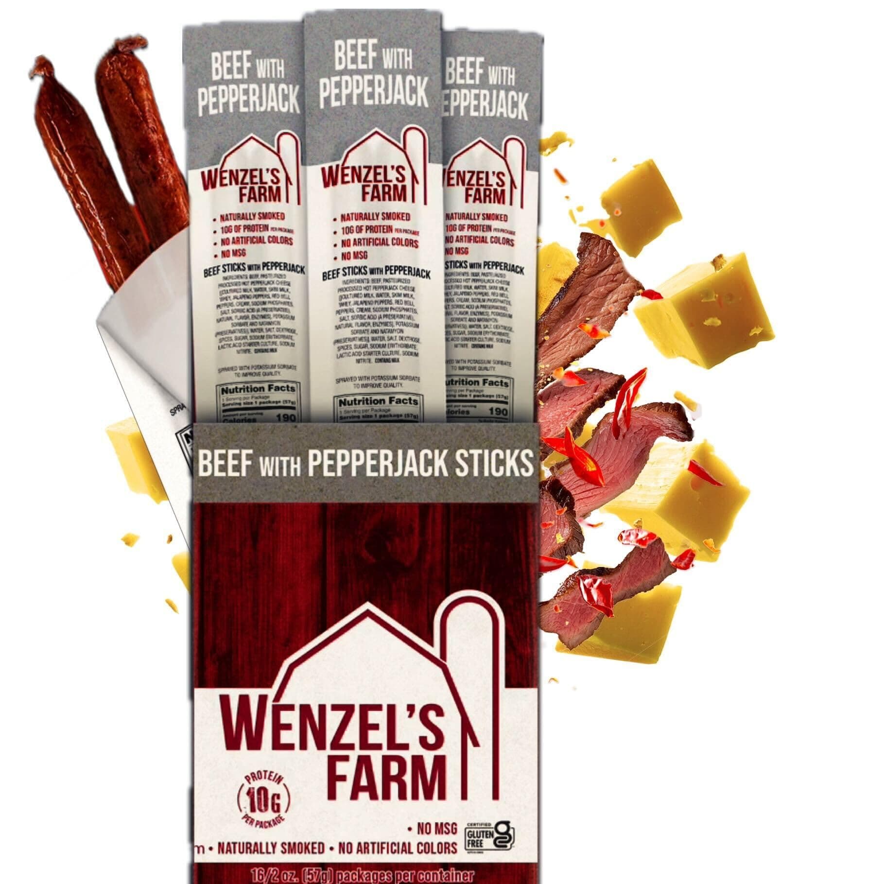 Wenzel’s Farm Beef with Pepperjack Sticks │Snack Sticks │ Flavorful, Naturally Smoked │ High Protein, Low Carb │ No MSG, Fillers, Binders, Artificial Colors │ Gluten Free | 32 sticks (16 packs of 2)