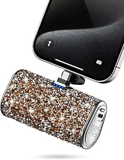 Bling Small Portable Charger, Power Bank, 6800mAh Ultra Compact Cute Shining Power Bank 5V3.1A Fast Charger Built-in Flashlight and Type-C Connector for iPhone 15 and Android Phones(Golden)